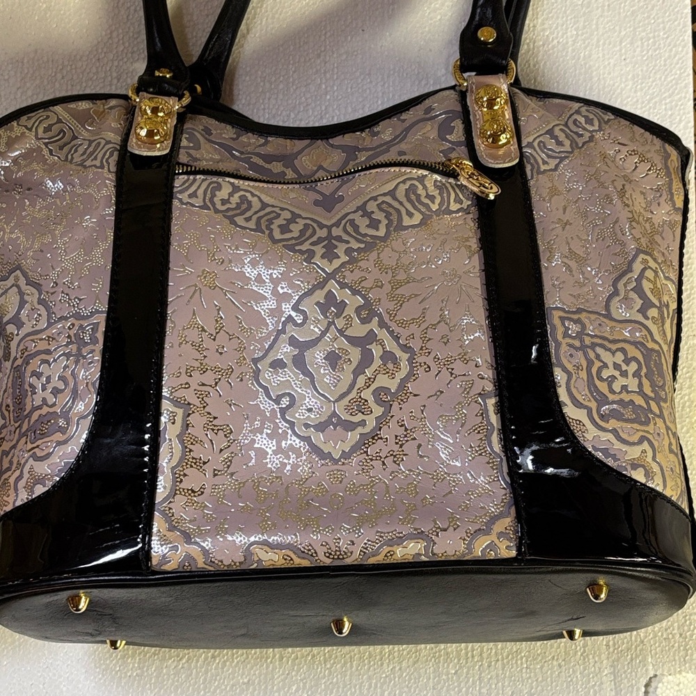 Marino Orlandi Elegant Black Patten Leather, light pink and cream/metallic bag.